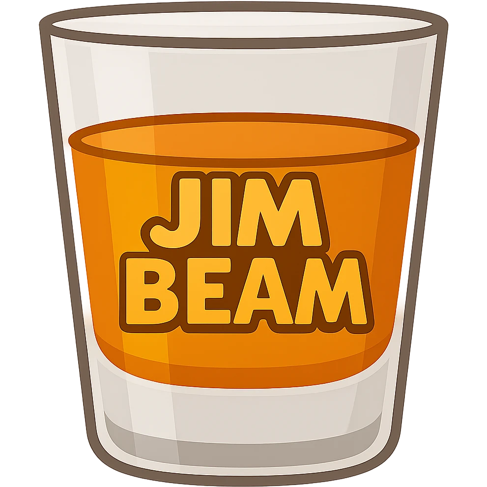 Add the text 'JIM BEAM' clearly visible on the whiskey glass in emoji style with a transparent background. emoji