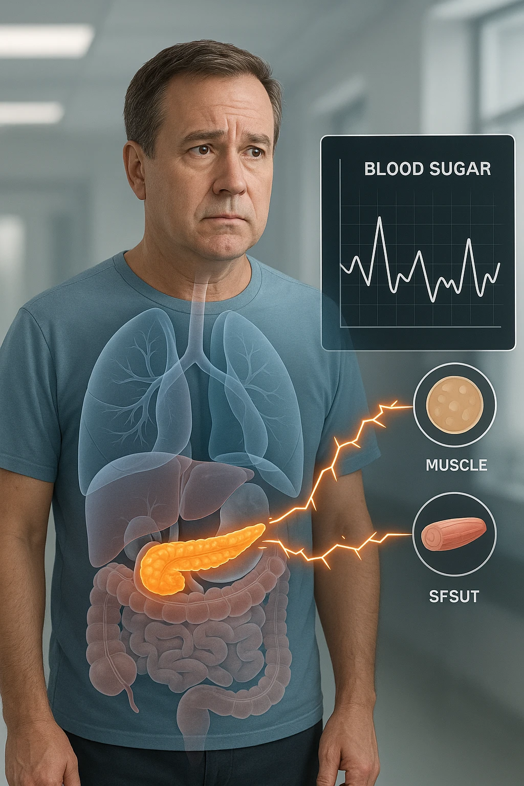 a middle-aged man stands in a clinical setting, with a semi-transparent overlay showing his internal organs. His pancreas is highlighted, and glowing lines or icons indicate disrupted insulin signaling between the pancreas and muscle or fat cells. The man’s expression is slightly concerned, and a digital chart beside him displays fluctuating blood sugar levels. The lighting is realistic, with a clean, modern medical background. emoji