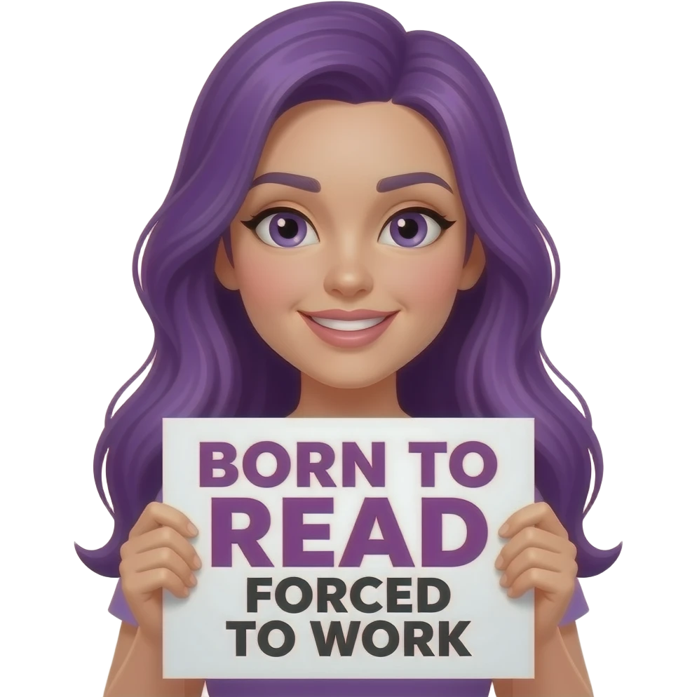 sexy girl with long purple hair holding a BORN TO READ FORCED TO WORK sign emoji