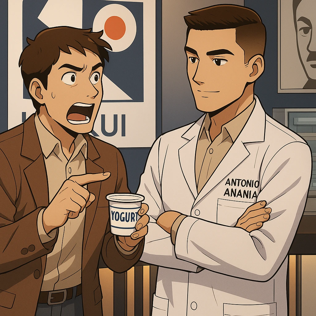 fai un webtoon manga a colori con questo stile, in cui un uomo chiede al kinesiologo con il camice bianco (fagli anche la scritta "ANTONIO ANANIA" SUL CAMICE, una domanda e il kinesiologo gli risponde, L'UOMO INDICA LO YOGURT CHE HA IN MANO ED è MOLTO ALLARMATO NEL FARE LA DOMANDA. non fare i fumetti però, fai solo in modo che sembri stiano parlando emoji