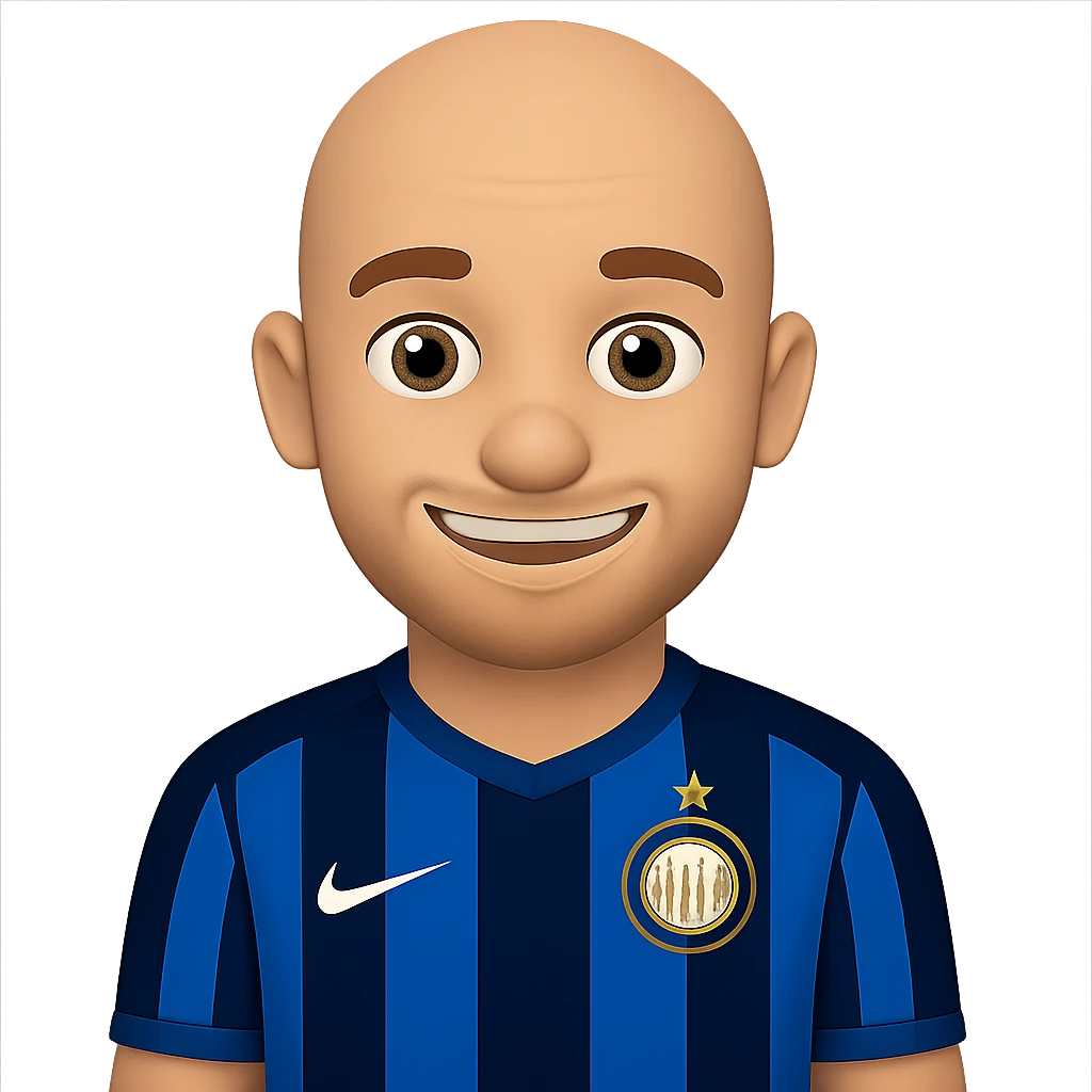 Create an image of Wesley Sneijder in an Inter Milan shirt, bald with visible stubble, smiling. The style should resemble apple style emojis with a transparent background. emoji