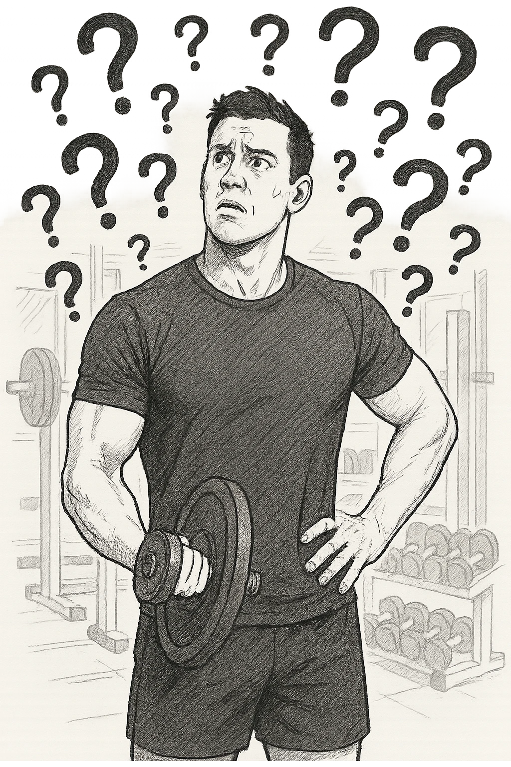 Uomo in palestra mentre si allena con tanti punti interrogativi intorno, confuso emoji