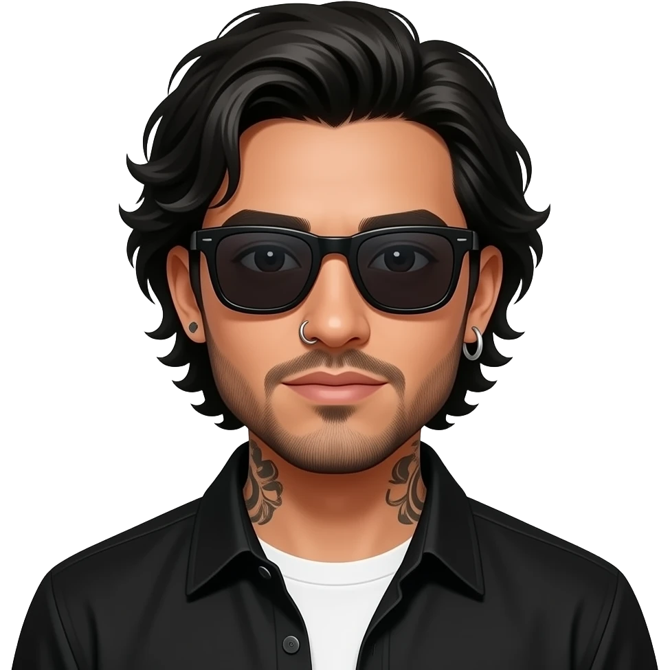 A handsome Latino man with medium length hair and beard and tattoos with a right nose hoop and a left earring hoop wearing all black with a white undershirt and black sunglasses emoji