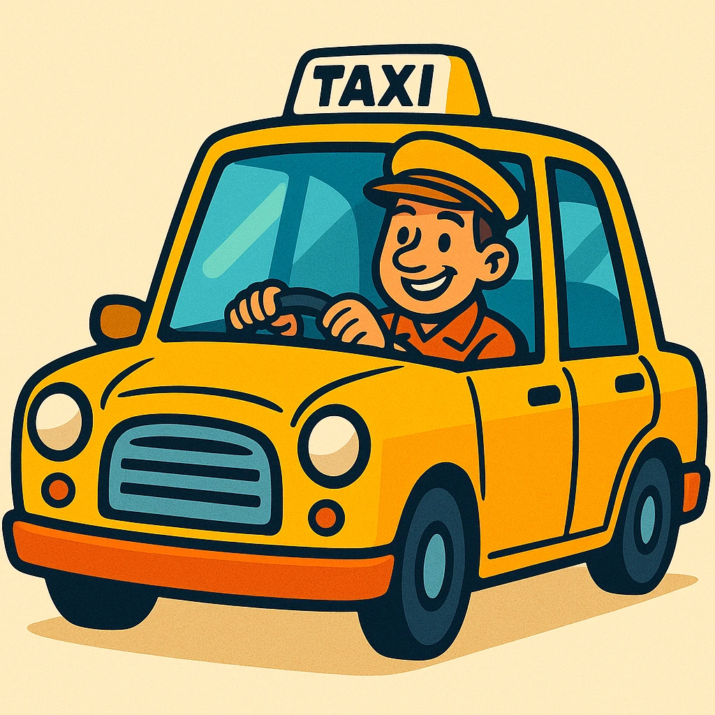 a cheerful cab driver in a classic yellow taxi, cartoon style emoji