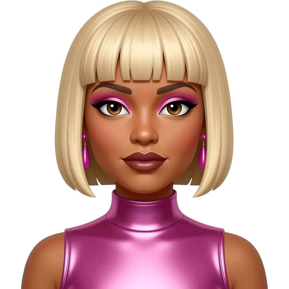 Tionne T-Boz Watkins from TLC with dark brown eyes, long blonde tapered pixie cut hair, pink eyeshadow, dark brown lipstick, pink metallic high neck dress, pink earrings emoji
