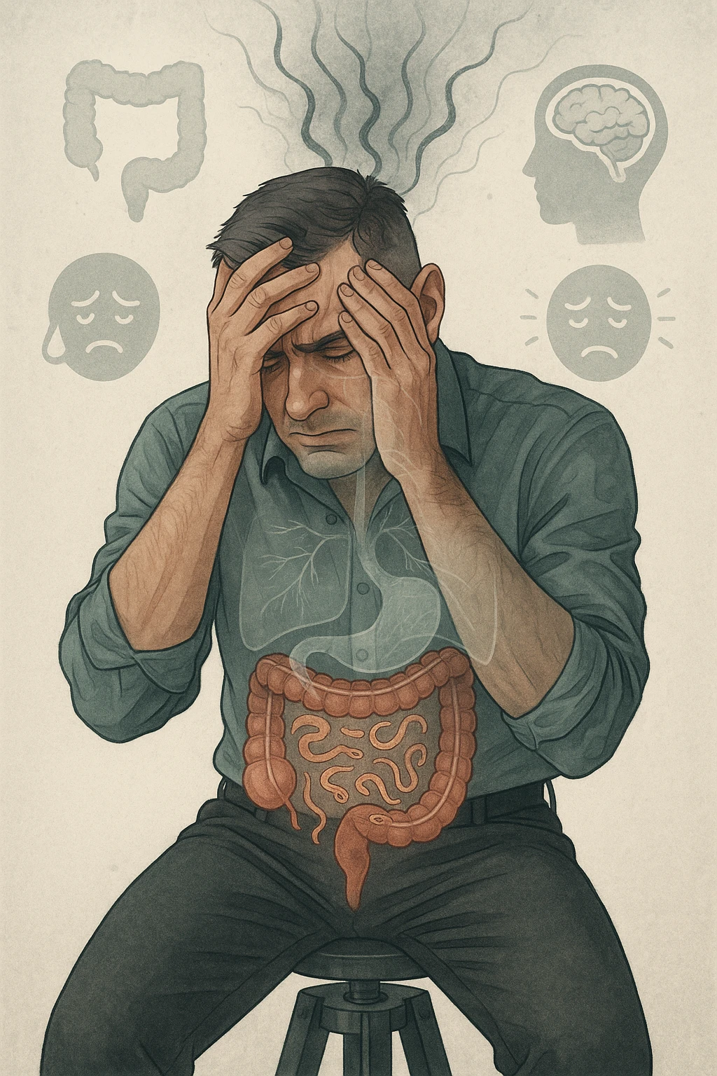 a person sits with a troubled expression, holding their head in their hands. A transparent overlay on their body reveals stylized images of parasites in the digestive tract, while faint, shadowy tendrils extend upward toward the brain, symbolizing the psychological impact. The background is clinical and educational, with subtle icons representing both physical and mental symptoms. emoji