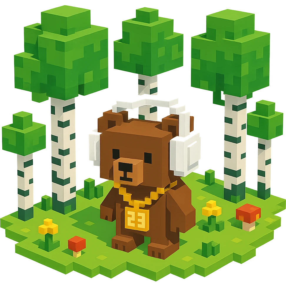 березовый лес, в котором сидит бурый медвежонок в белых наушниках (наушники должны закрывать уши медведя), на медведе цепь с подвеской "23", no background  emoji