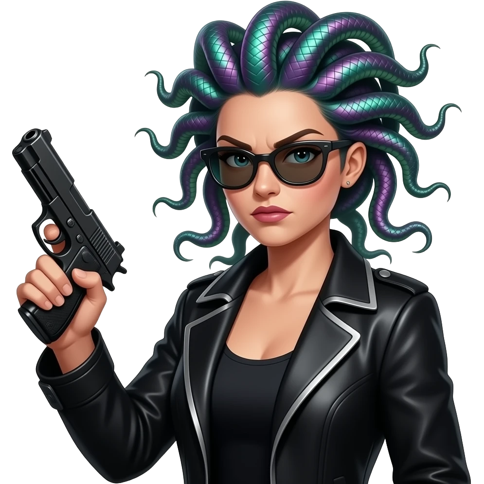Angry beautiful female Medusa in black coat with sunglasses holding gun emoji