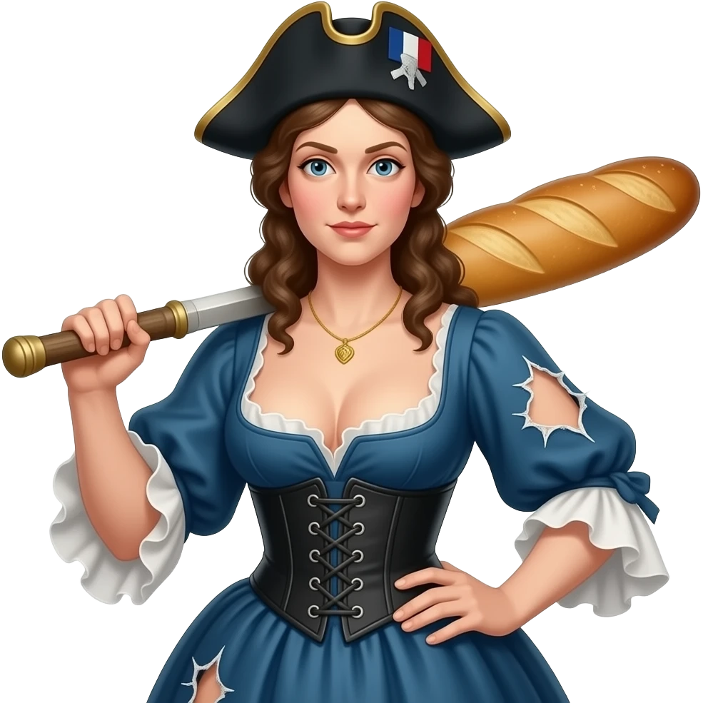 the historical French Marianne went wild in a tight corset with a large open neckline, torn dresses - with a rebellious Jacobin cap and a large French loaf emoji