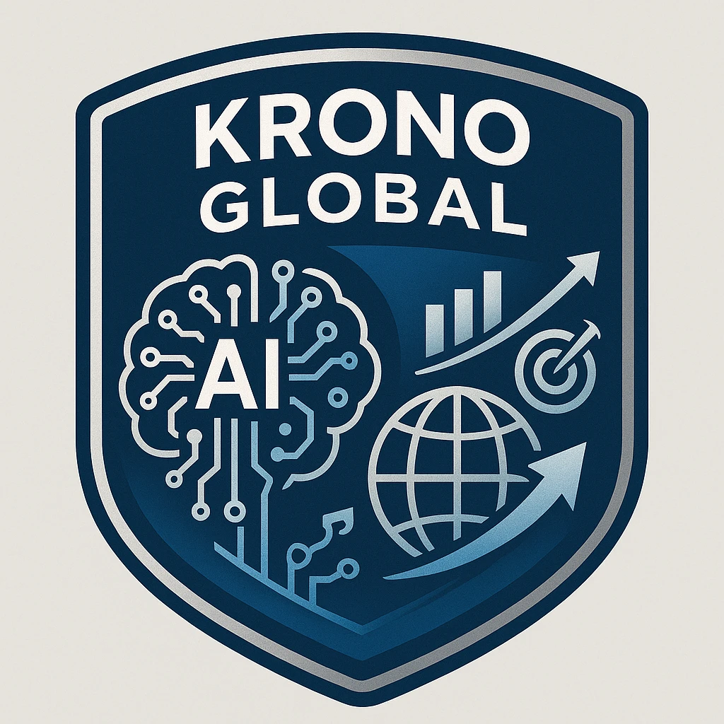Badge-style logo for Krono Global, blending AI elements like circuit and brain, global commerce symbols like globe and arrows, and marketing icons like chart and target, in a dynamic, international business look, modern and tech-inspired. emoji
