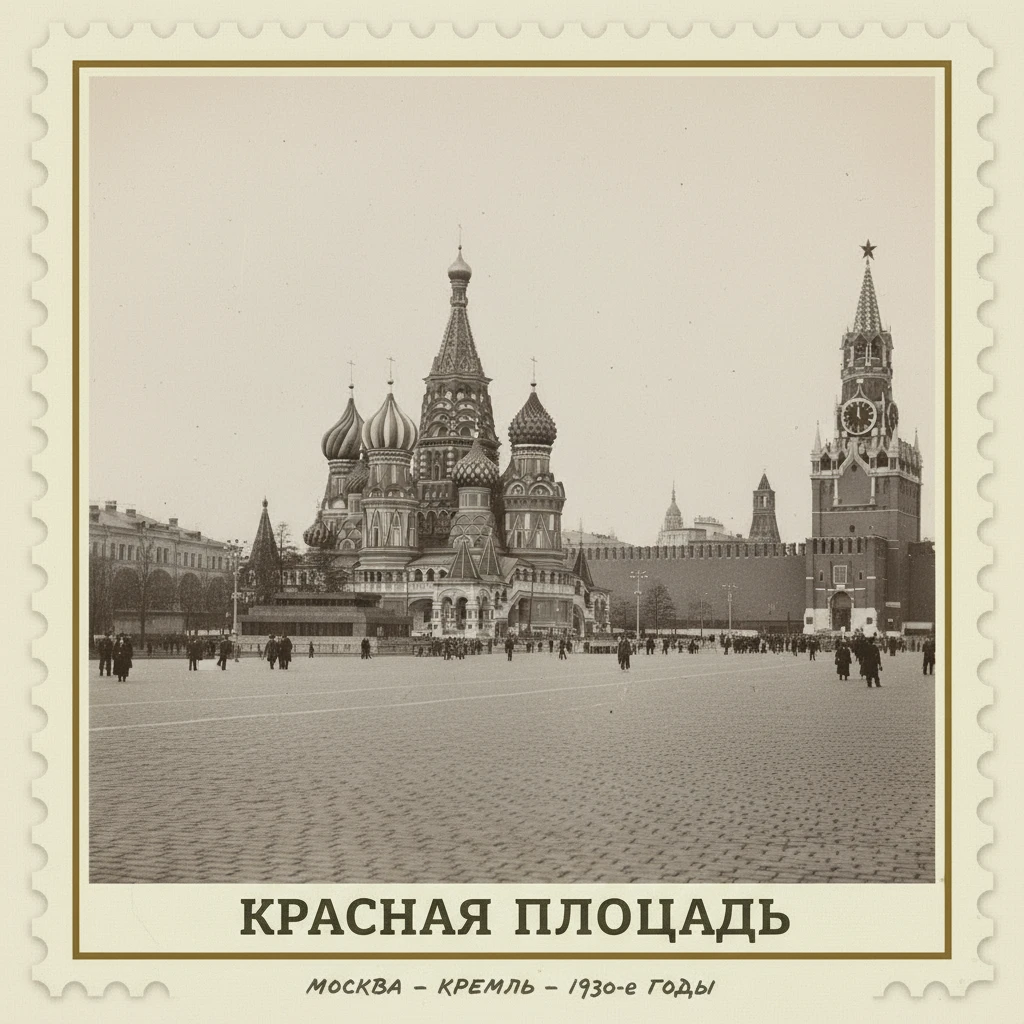 Марка на которой изображен Красная площадь с Кремлем

Стиль марки такой же, как на прикрепленном фото emoji