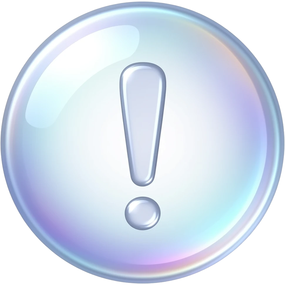 bubble exclamation mark, transparent, iridescent, soft glow, cute, minimal background emoji