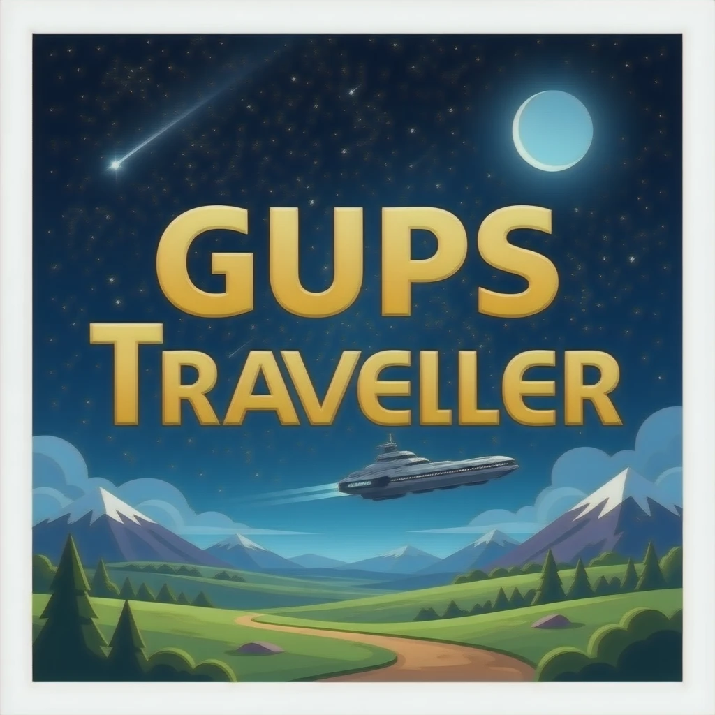 "GURPS Traveller" on a starfield with a free trade starship in the background in a landscape format, size of 1600 x 800. emoji