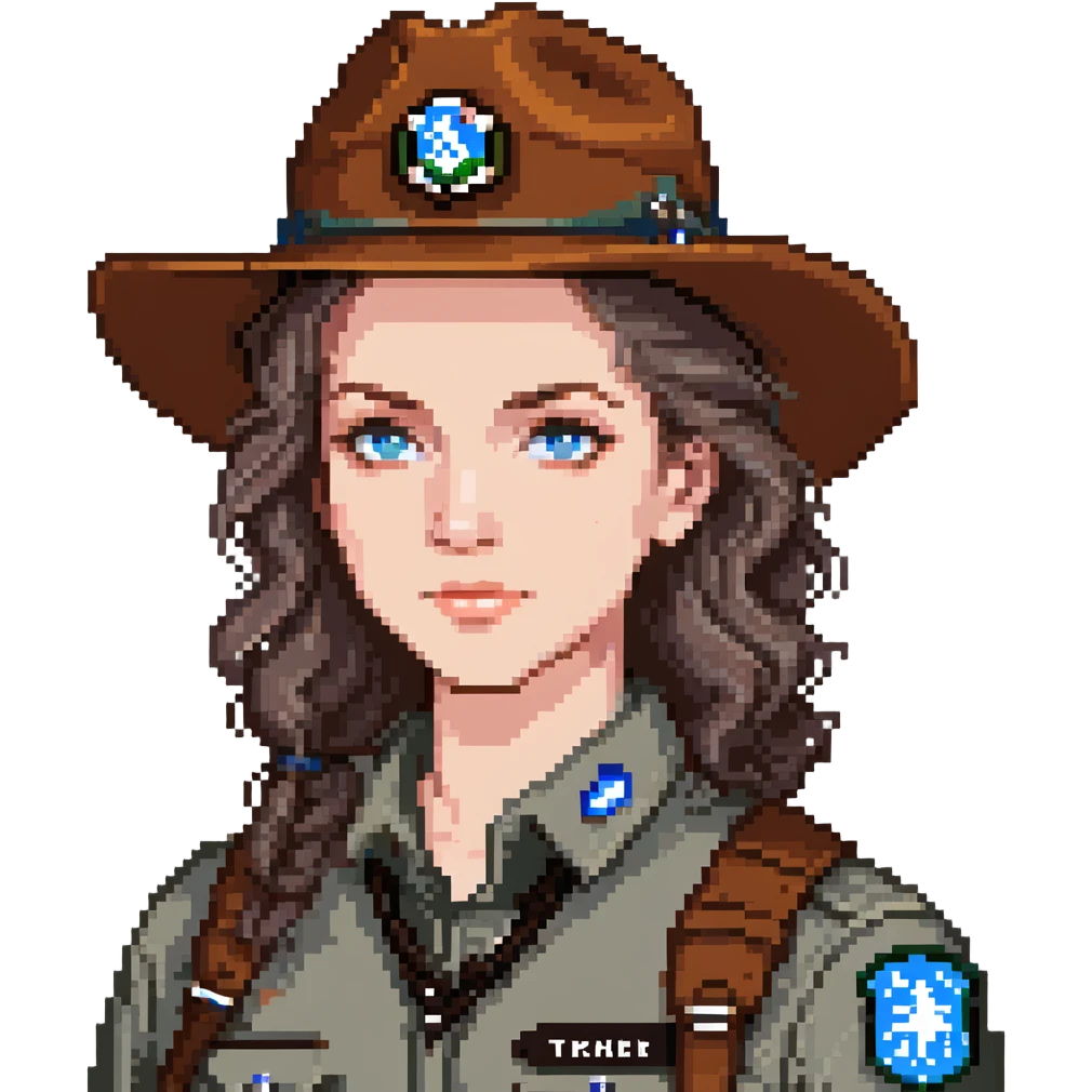 white woman park ranger with blue eyes and brown and gray hair emoji
