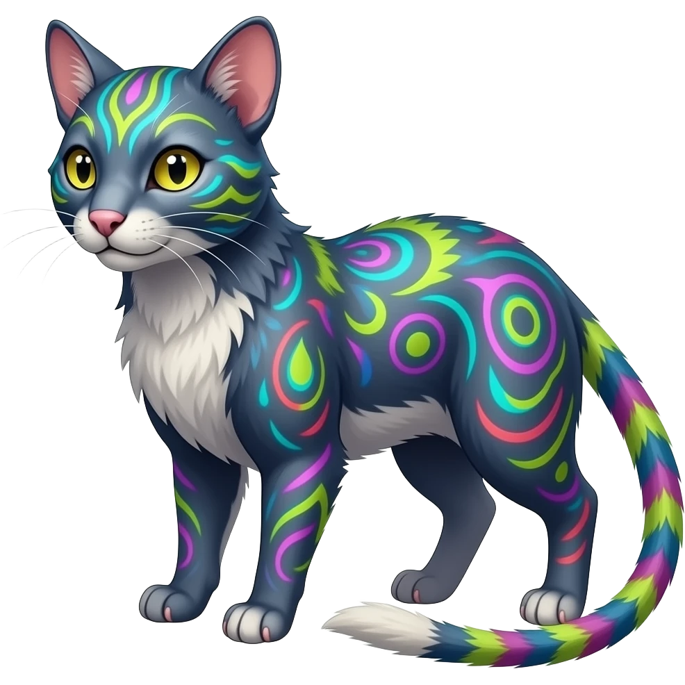 Tropical Neon-colored fantasy feline-rodent-marsupial-critter-vernid-fursona animal creature full body with intricate markings emoji