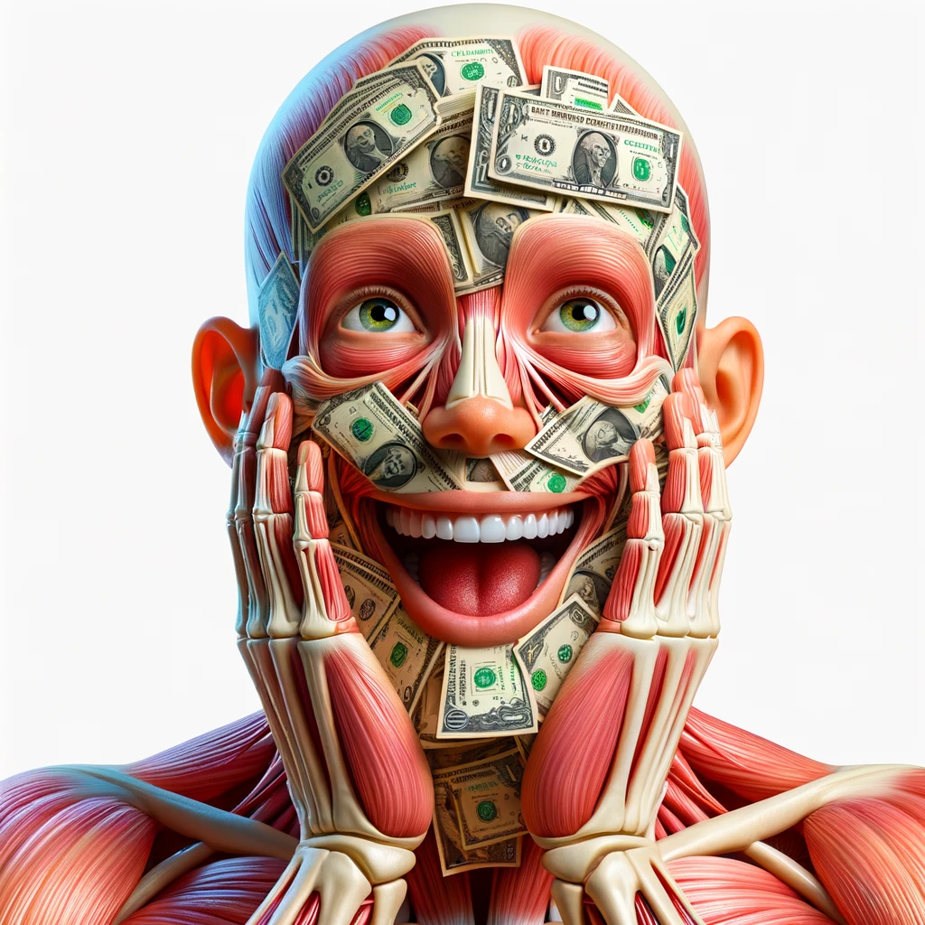 corpo umano anatomico sereno e felice con una montagna di banconote davanti al viso, espressione stupita, iperrealistica 4k, isolato su sfondo bianco emoji