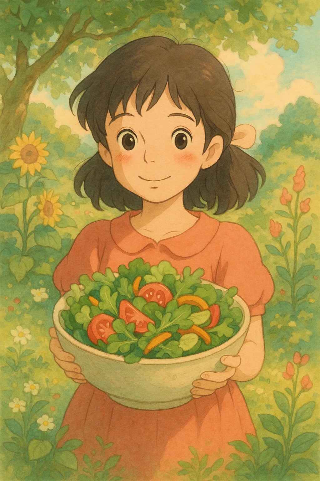 girl holding salad, ghibli style illustration emoji