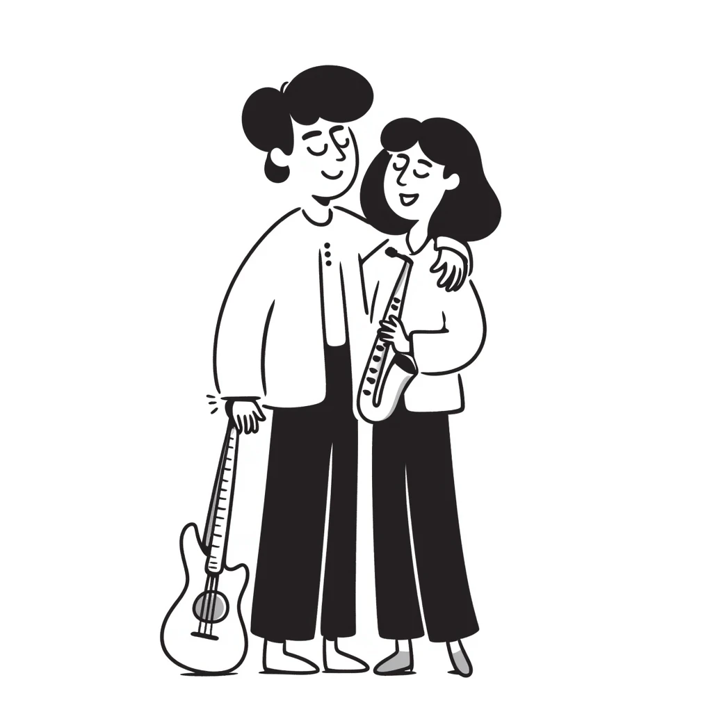 Two musicians standing side by side, both facing forward, with one's arm over the other's shoulder in a friendly side hug, both smiling, musical instruments nearby, fraternal camaraderie emoji