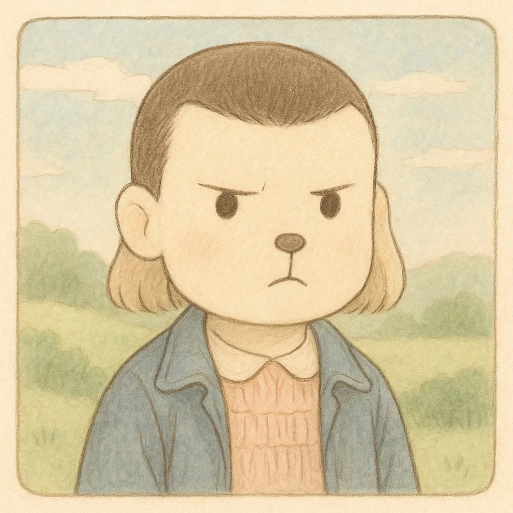 Transform the dog into a version of Eleven from Stranger Things, keeping the simple and delicate line style of the reference drawing, colored in pastel tones, in Ghibli style, square format 1:1. emoji