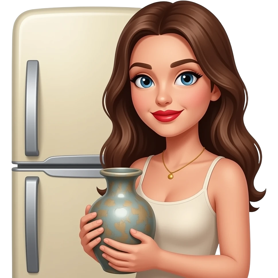 Beautiful girl sexy red lips brunette long hair with a Old vase and a fridge emoji