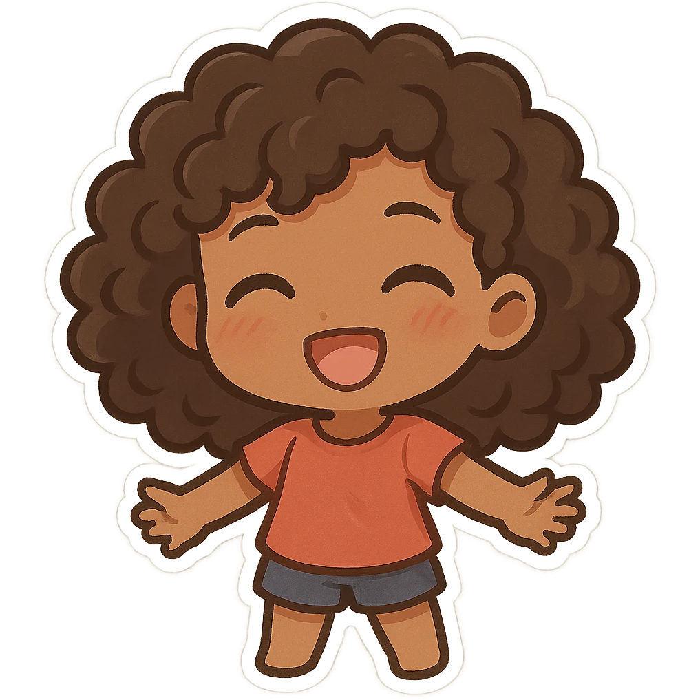 chibi emoji of a female with curly hair and brown skin, happy expression emoji