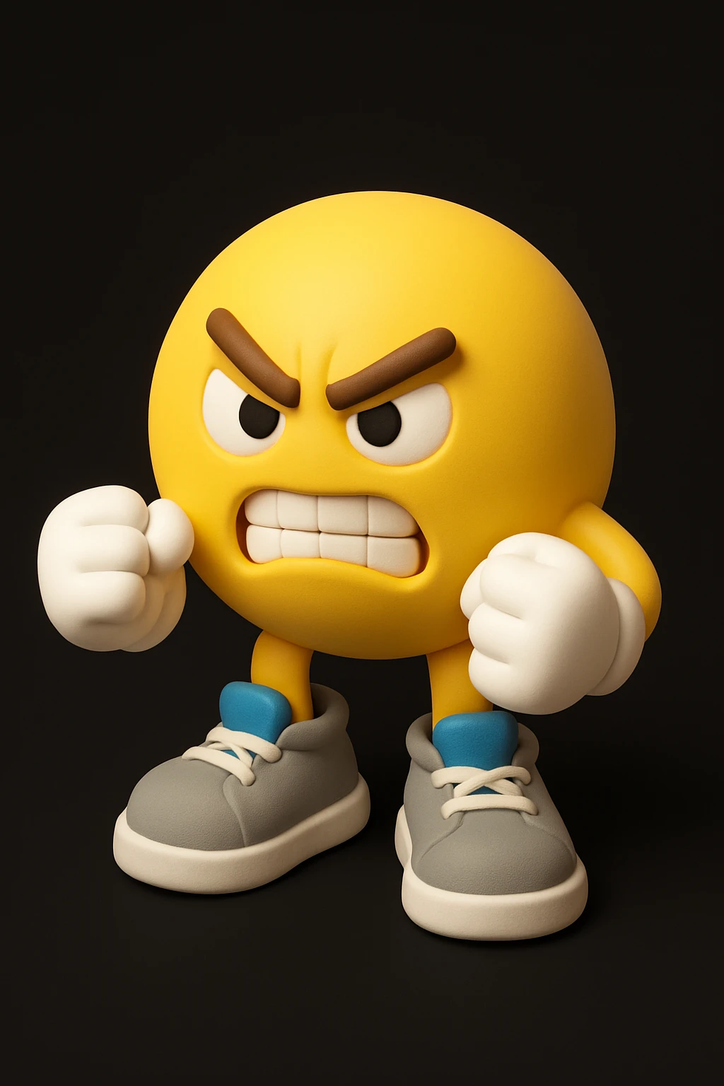 3D yellow emoji character, angry face (furrowed brows, narrowed eyes, gritted teeth), white gloved fists in fighting stance, large gray sneakers with blue tongues and white laces, solid black background. emoji