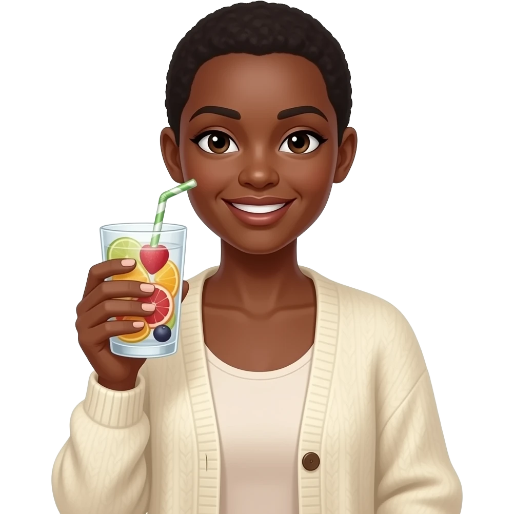 BLACK BALD WOMAN IN FLOWY CARDIGAN HOLDING A CUP OF FRUIT INFUSED WATER emoji
