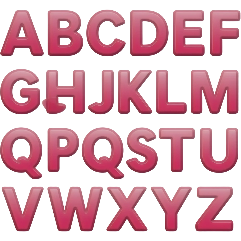 the full alphabet 'A, B, C, D, E, F, G, H, I, J, K, L, M, N, O, P, Q, R, S, T, U, V, W, X, Y, Z' in pink letters emoji