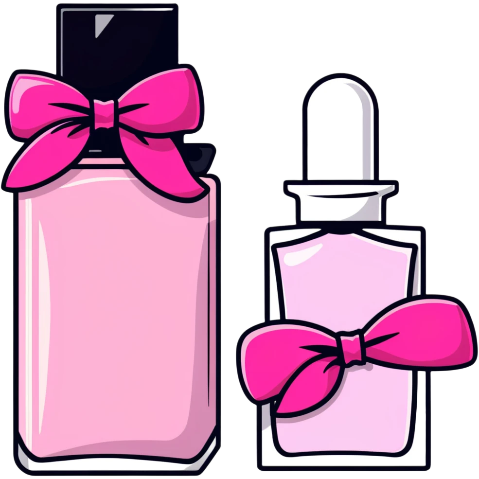 makeup and perfume bottles with pink bows emoji