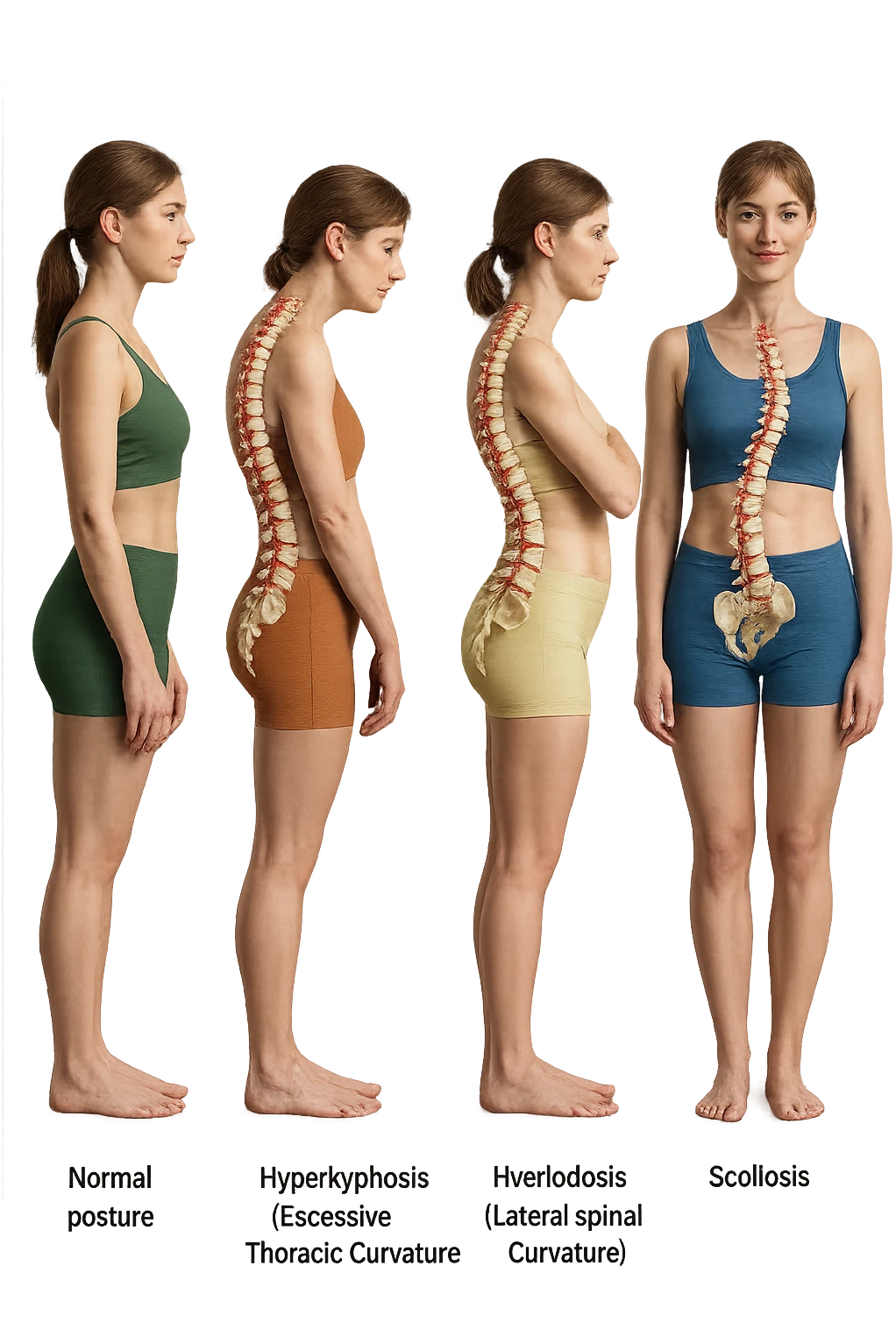 fai un immagine identica che riguarda 3 posture scorrette: scoliosi, ipercifosi e iperlordosi. falla iperrealistica anatomica in 4k con spina dorsale storta in evidenza su ogni figura emoji