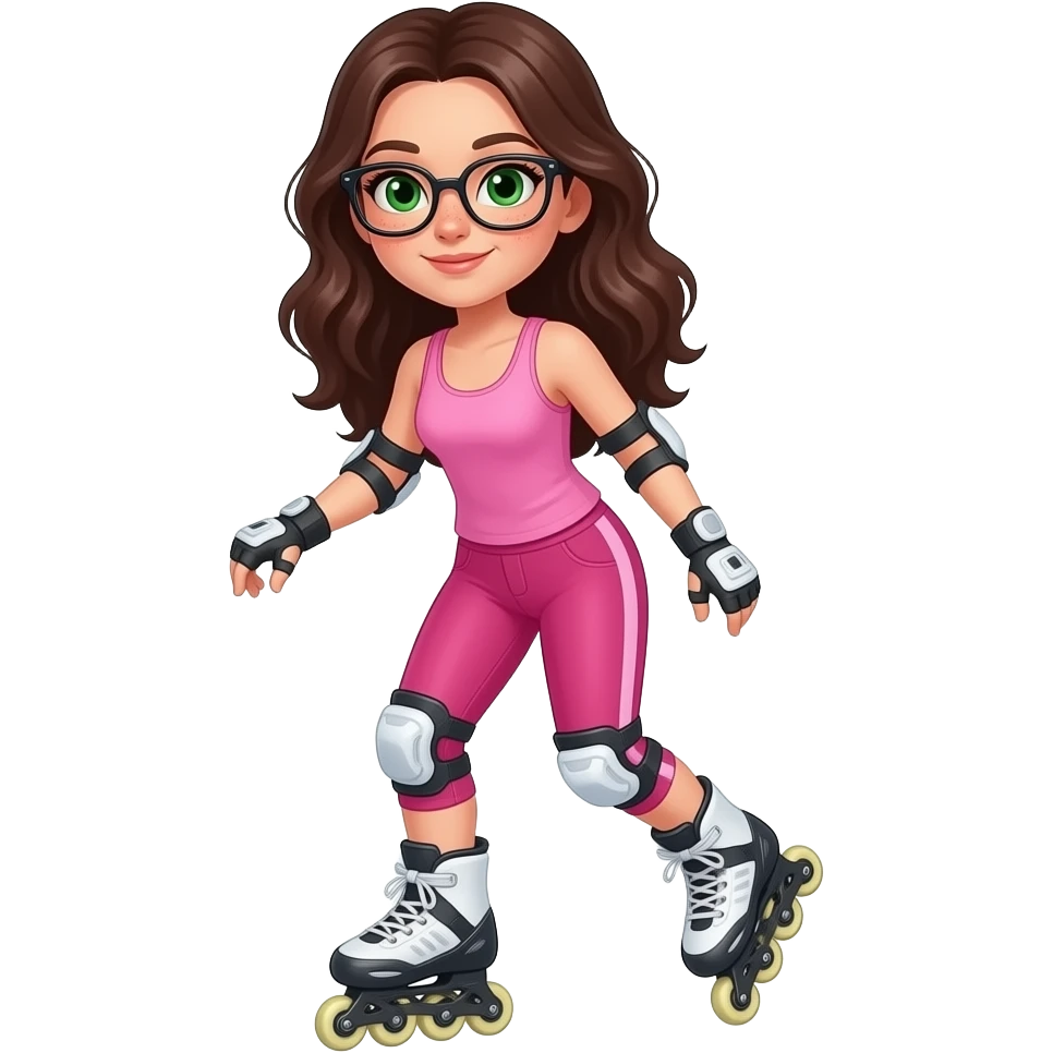 young girl in the style of iphone emoji people, fair skin, green eyes, glasses, freckles,long dark brown wavy hair, pink tank top and pink leggings, realistic emoji, girls in 20s, rollerblading emoji