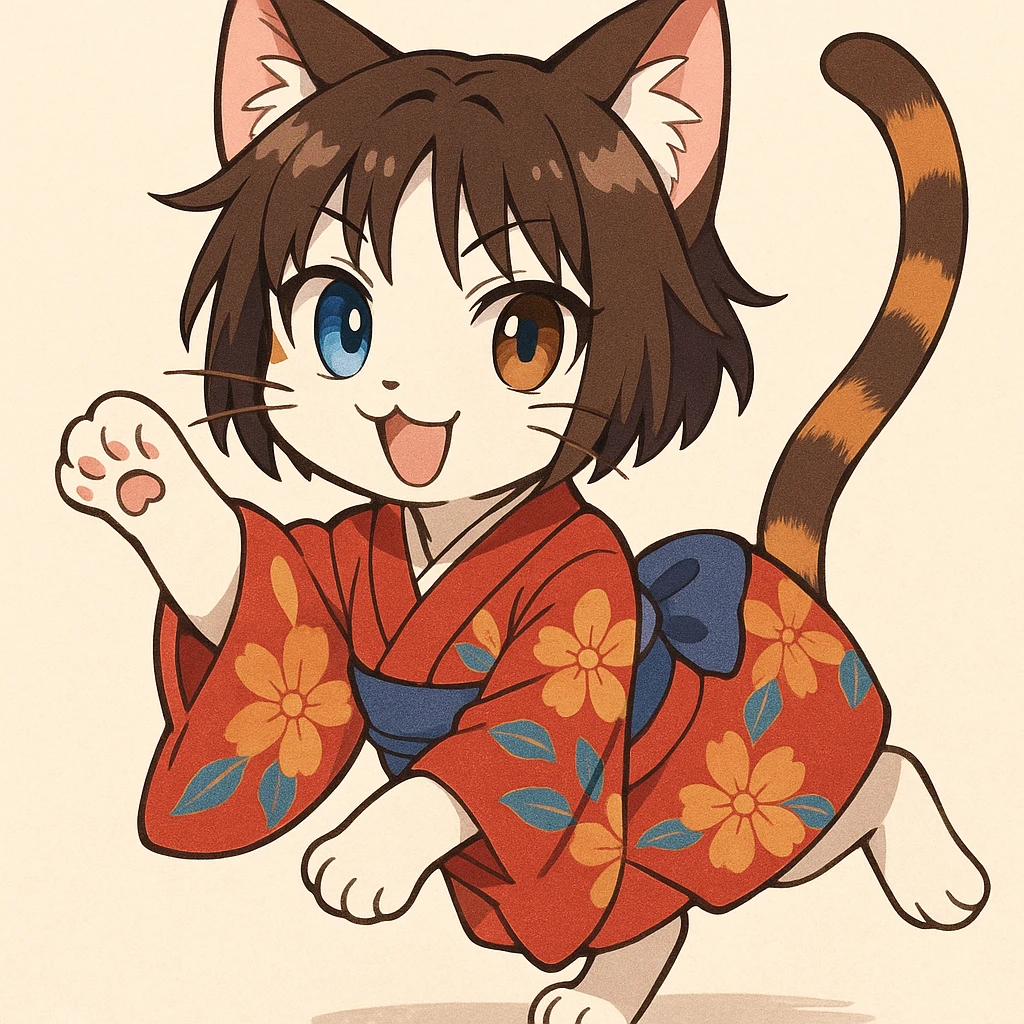 Ryougi Shiki as a playful anime-style cat, with blue and brown eyes, short hair, and a kimono pattern on her fur emoji