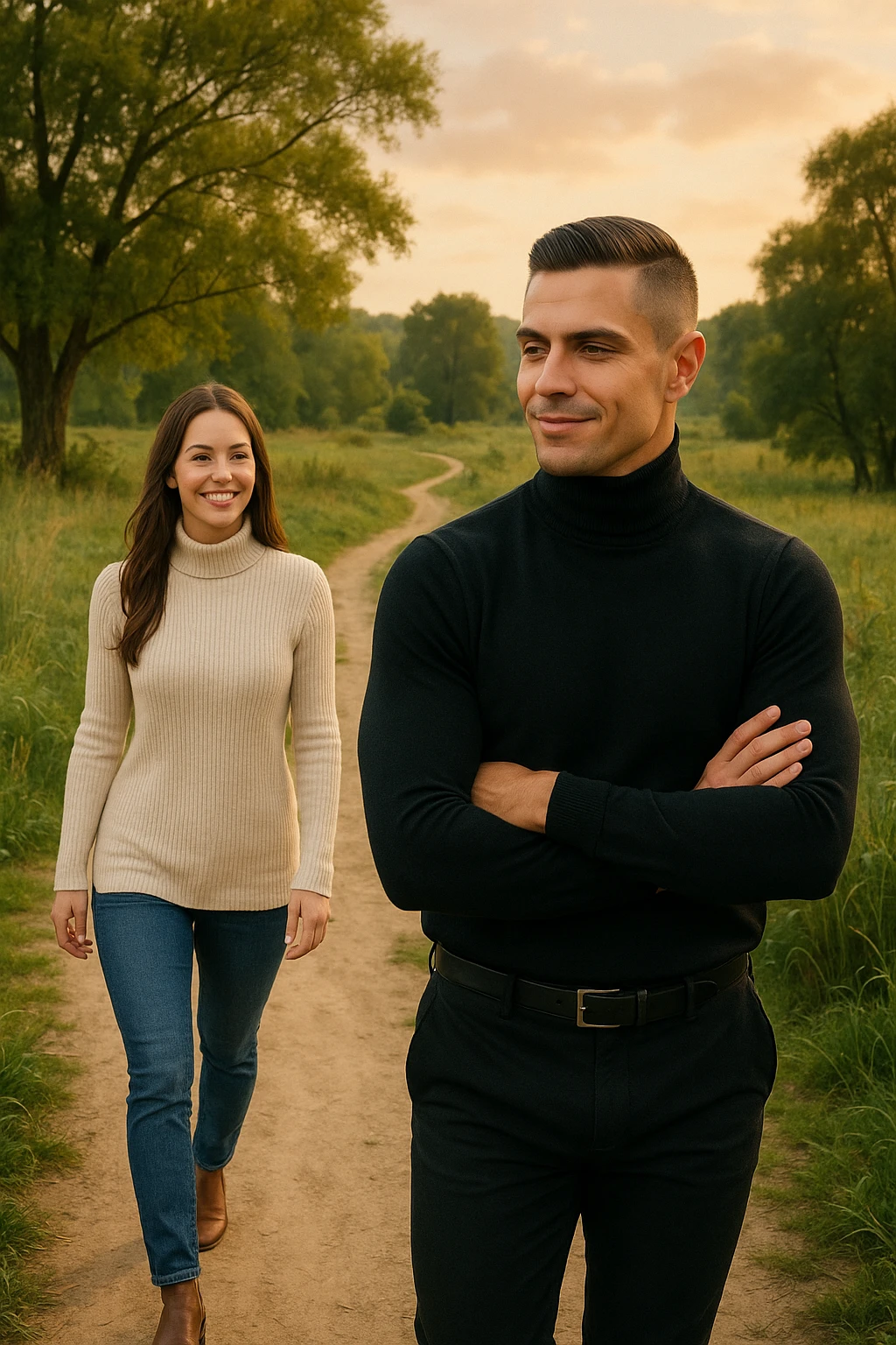 a man and a woman walk together along a winding path in a natural landscape. In one version, the woman leads confidently while the man follows a few steps behind, looking at lei con ammirazione. In un’altra versione, i ruoli sono invertiti, con l’uomo che guida e la donna che lo segue sorridendo. La scena trasmette l’idea che entrambi possano guidare o seguire, a seconda del momento. emoji