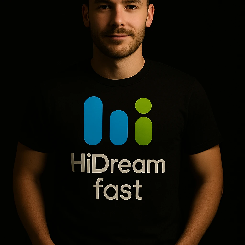 man wearing tshirt with this logo, dark night background with dim , add fast below logo emoji