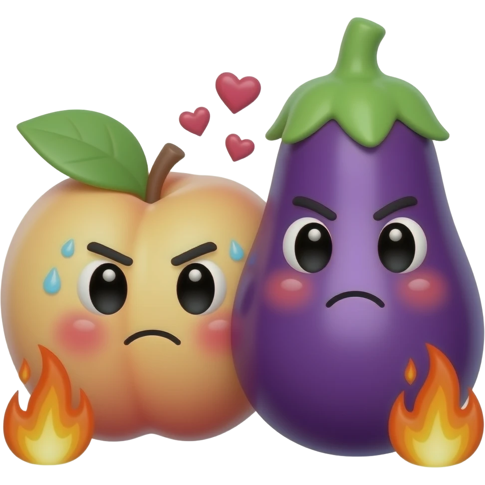 A glossy 3D peach and eggplant emoji duo in a playful forbidden-fruit scene, very close together, mischievous expressions, blushing cheeks, sweat drops, tiny hearts and flames, dirty-minded emoji humor, suggestive but non-explicit, clean transparent background, , high quality, no text, no watermark emoji