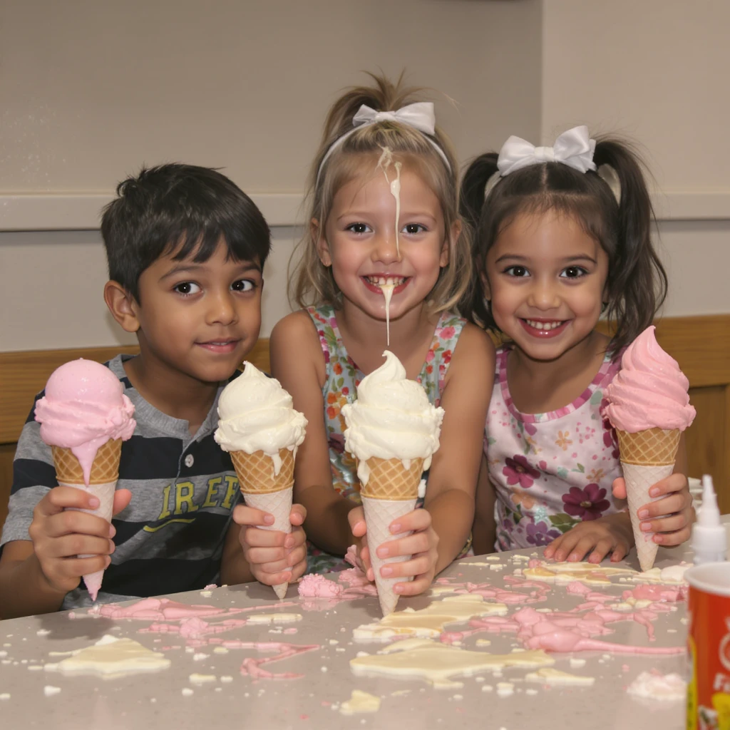happy children with melting ice cream cones emoji