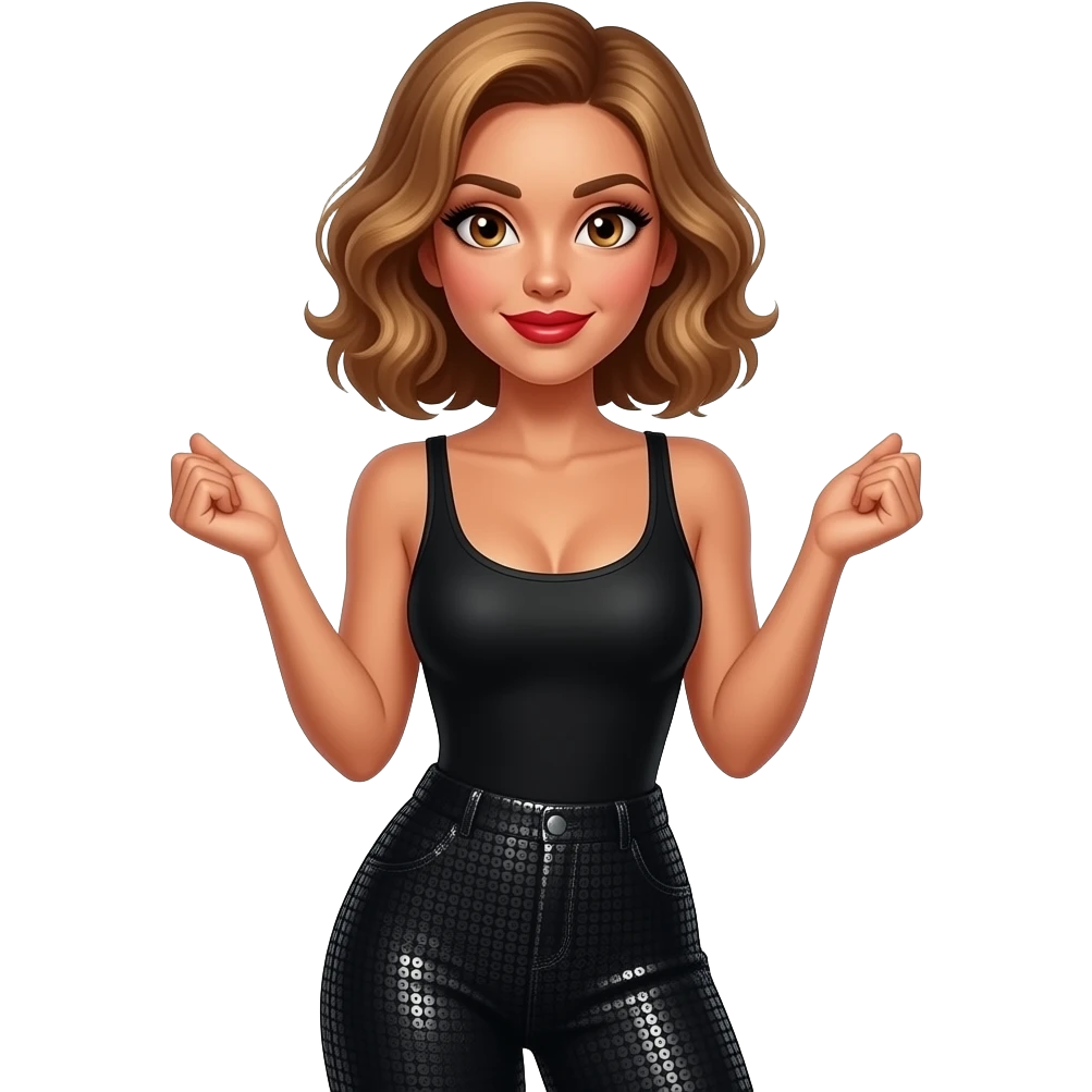 glamours,-tanned,-very-beautiful-woman-with-big-plump-red-lips,-long-long-lashes,-honey-silky-very short- hair,-wavy-hair,-hazel-eyes- wearing-black-bodysuit-and-black-sequinned-pants-black-and-arms-shrugging-waist-up emoji