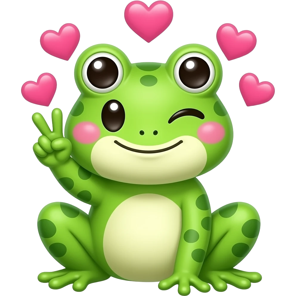 kawaii frog, winking, and holding up the peace sign, with hearts around her head emoji