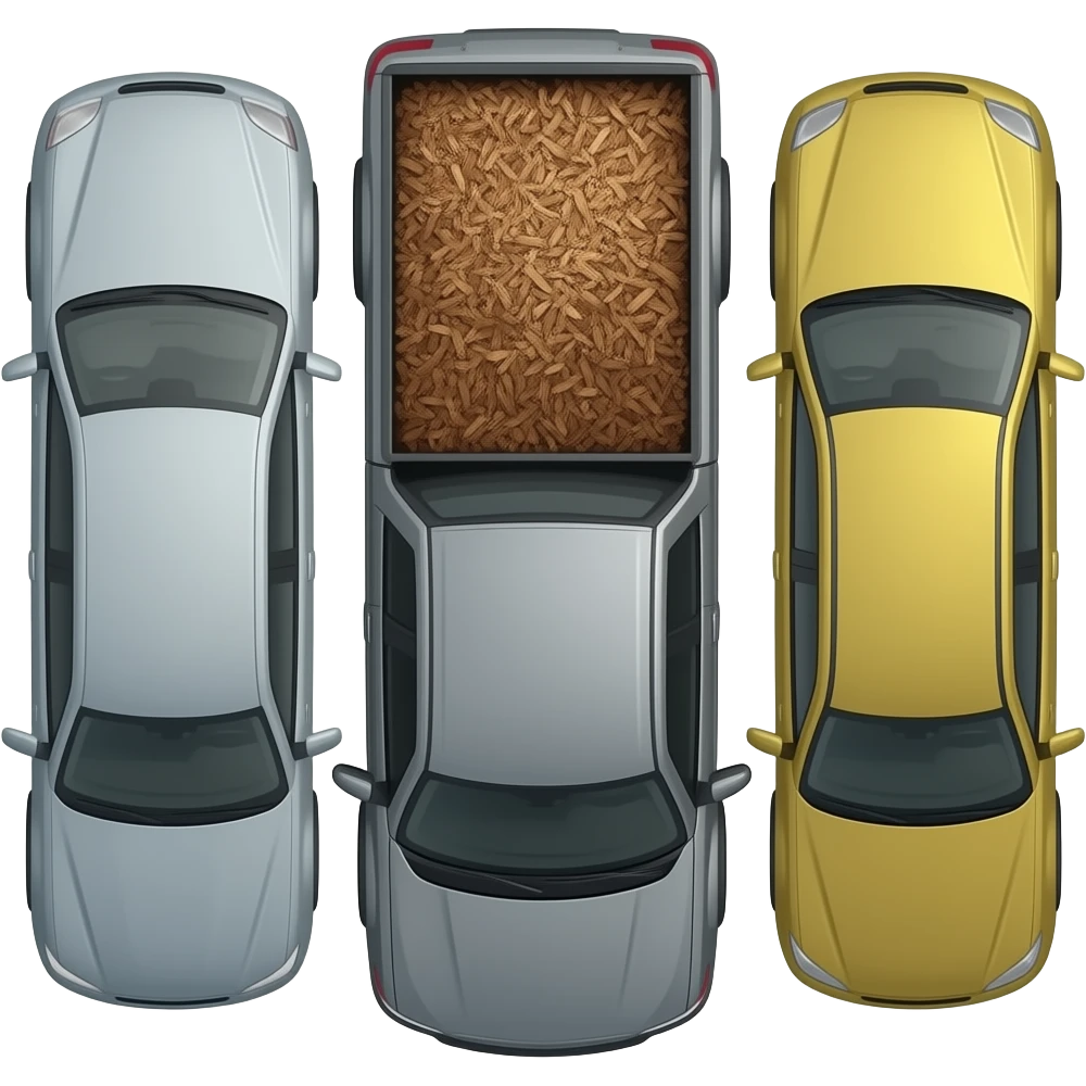 Put this emoji between to cars Gray F150 with full of bark chips in the back upside down in between two other cars emoji