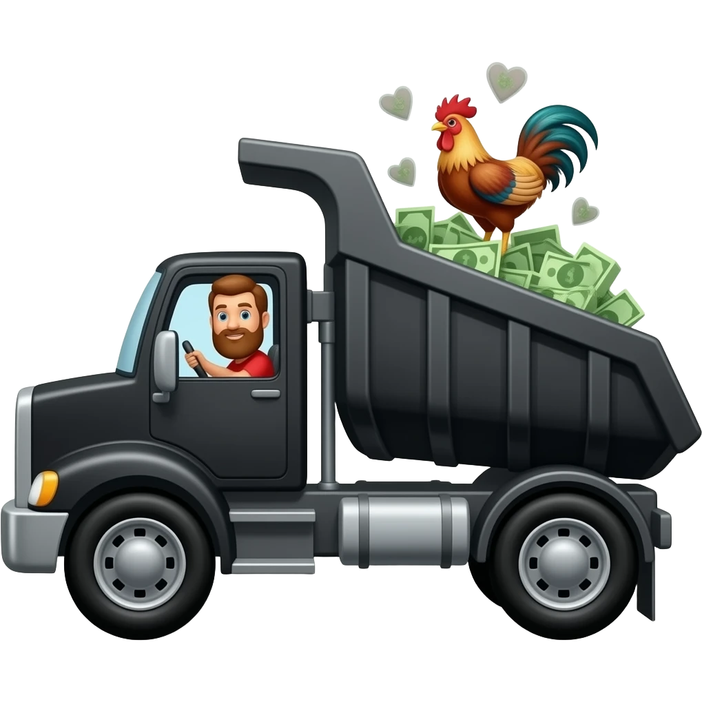 Black dump truck carrying money with hearts and with a rooster, driver with Handsome beard  emoji