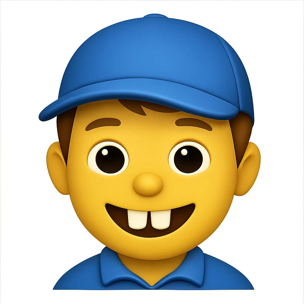 Edit the image of a schoolboy with big front teeth in the style of Apple emojis. Change the cap color to blue. Keep the rest of the features consistent with the original Apple emoji style. No background, transparent background. emoji