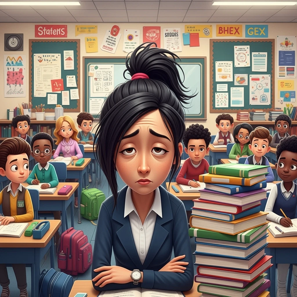 digital 2d cartoon art of a exhausted teacher in a bustling classroom emoji