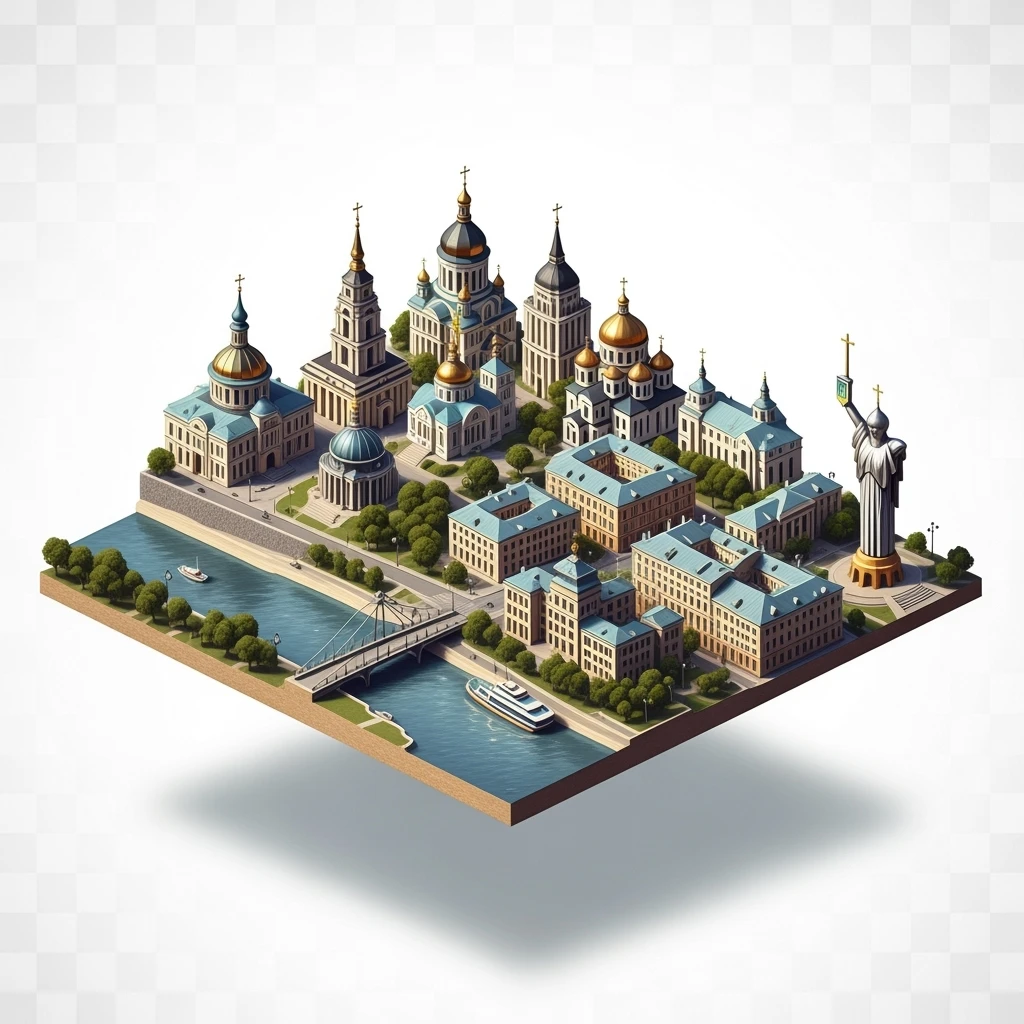 Isometric illustration of photorealistic Kyiv, balanced between paint stylized and realistic, 3D miniature effect, transparent background. emoji