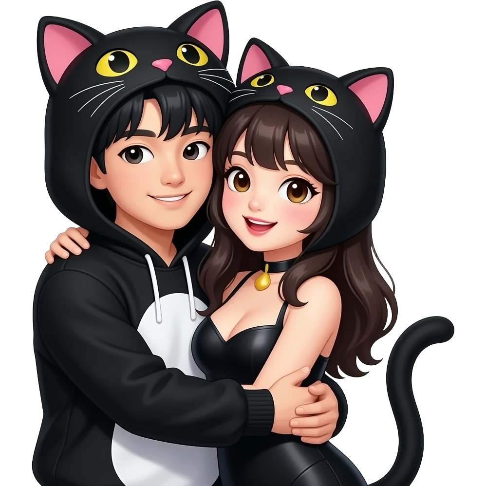 Young cute korean guy is hugging a sexy, cute, nasty cat costume girl, she is from philippines and wearing black cat costume emoji