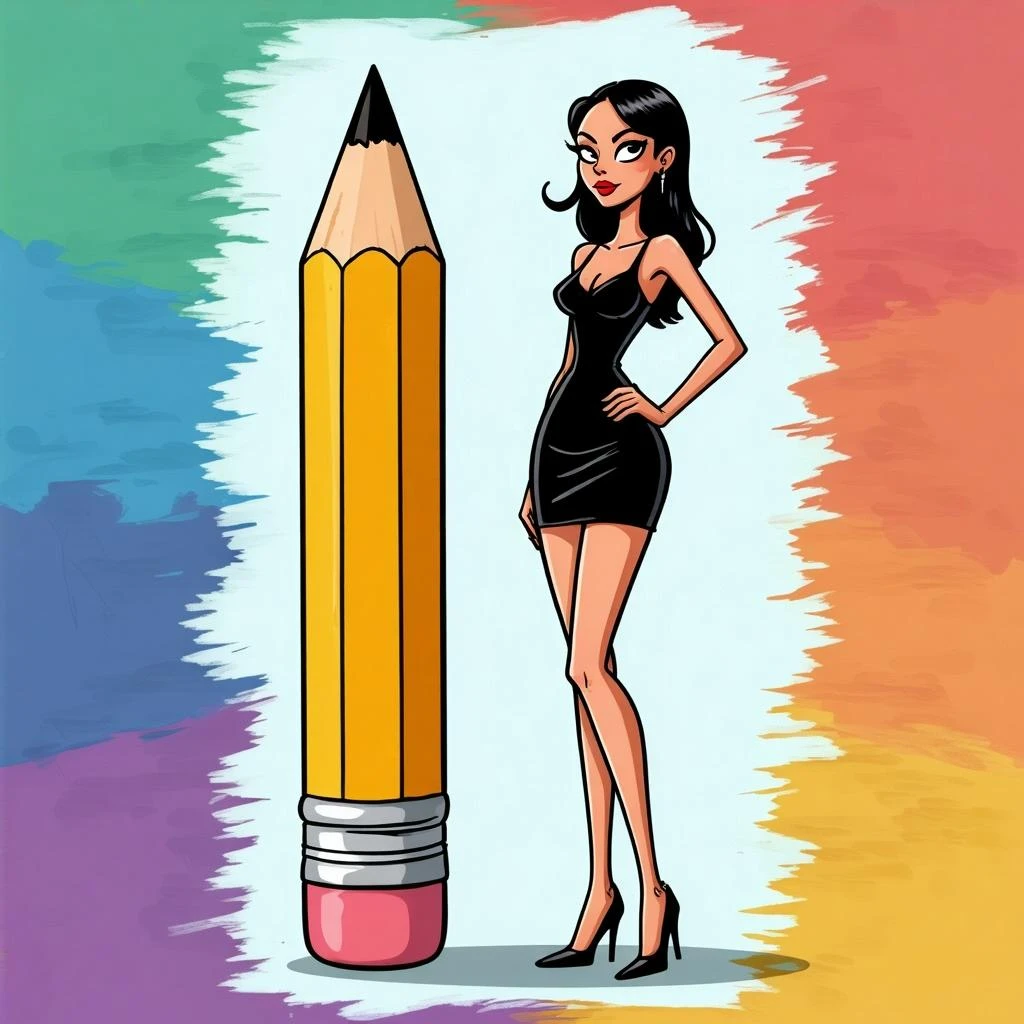 a skinny woman standing next to a pencil (cartoon colourful style) emoji
