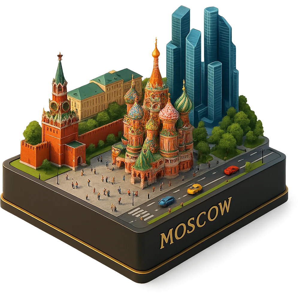 Изометричная миниатюрная 3D модель Москвы на подставке - фотореалистичный Кремль, собор Василия Блаженного, фотореалистичный Башни Москва-Сити, аккуратная детализация, яркие цвета, мультяшный реализм, гуляют люди и современный автотранспорт и метро, компактная композиция, вид сверху в изометрии emoji
