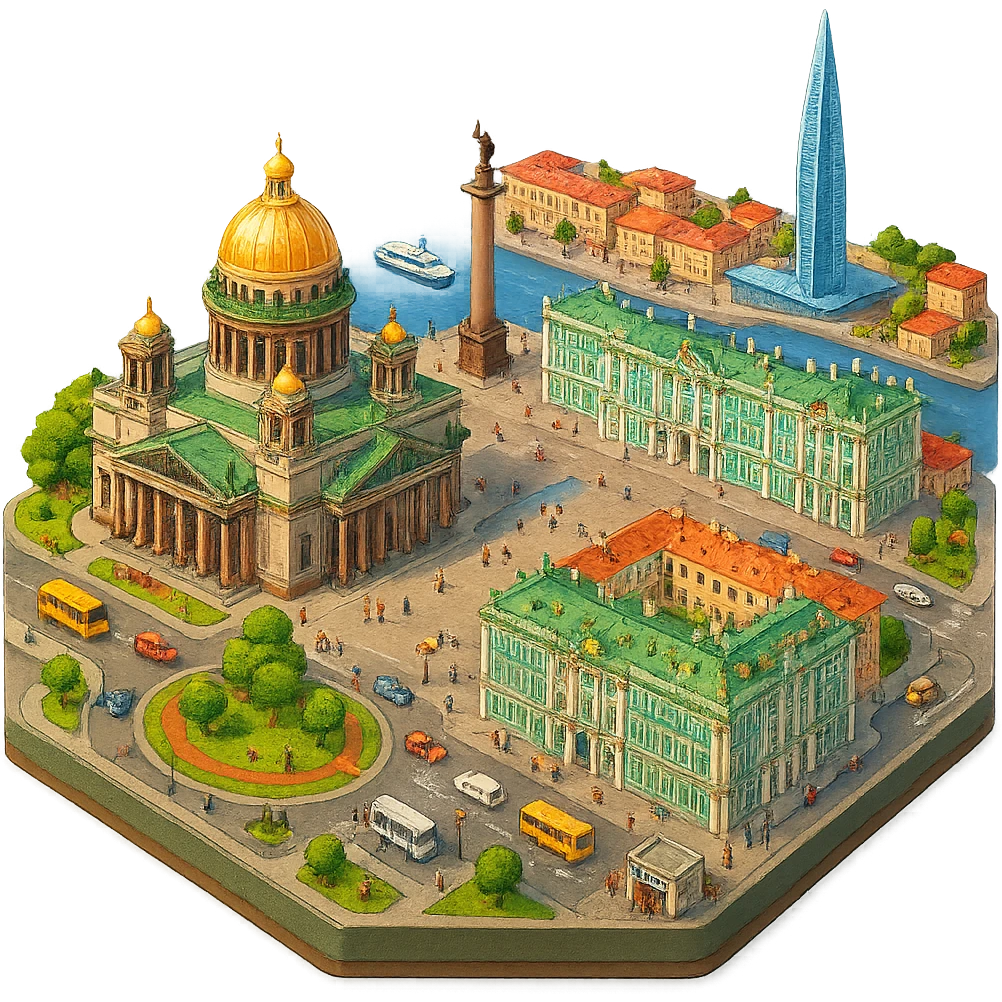 Изометричная миниатюрная фотореалистичная 3D модель Санкт-Петербурга на подставке - Исаакиевский собор, Дворцовая площадь, Зимний дворец и другая центральная часть города, Лахта-центр, четкая детализация, яркие цвета, мультяшный реализм, люди, автотранспорт и метро, компактная композиция, вид сверху в изометрии, прозрачный фон emoji