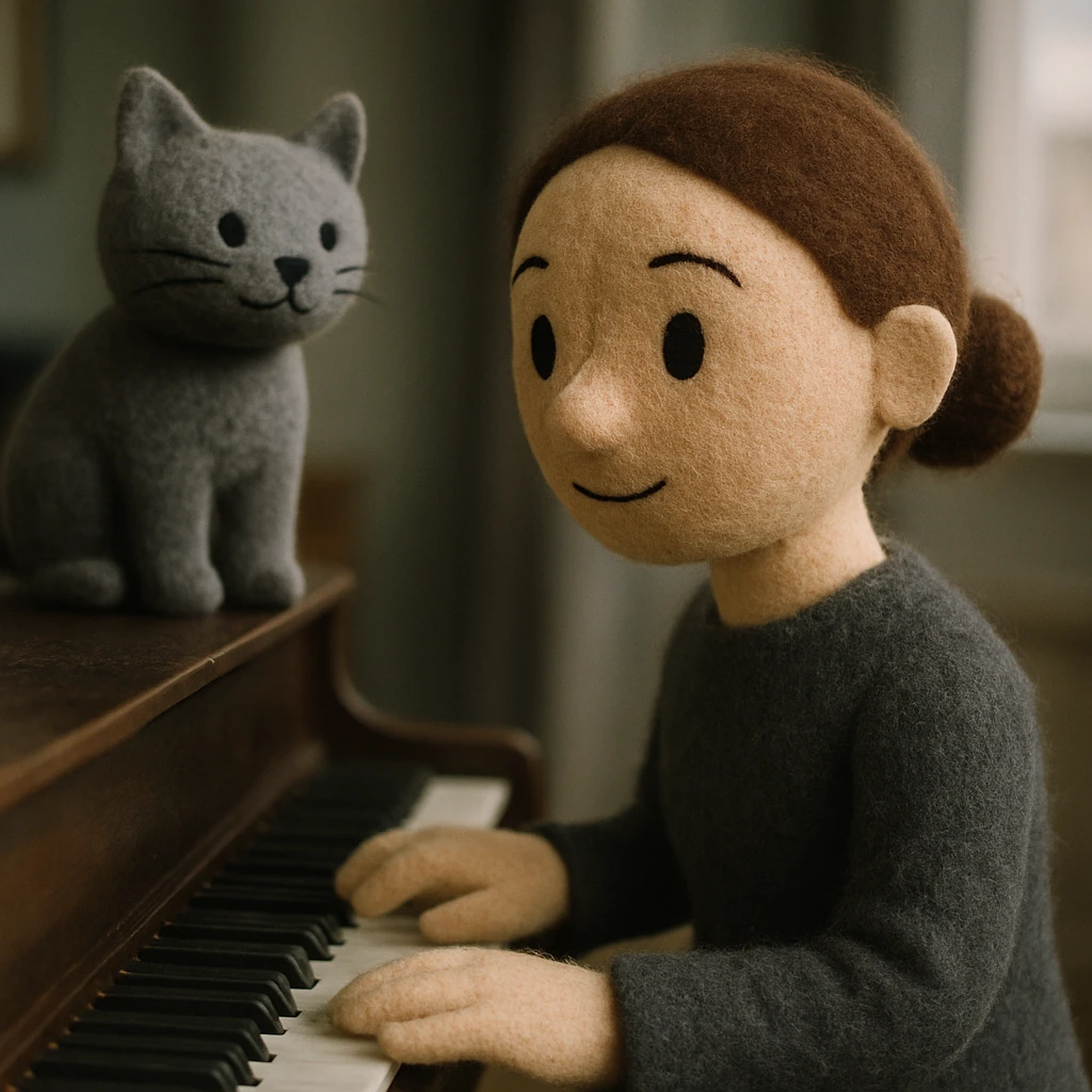 woman playing piano while her cat sits on top of the piano emoji