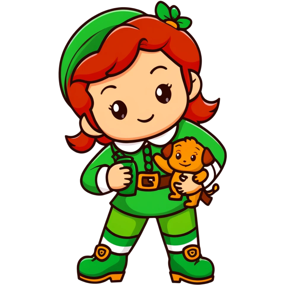 girl with red hair and brown eyes with a leprechaun emoji