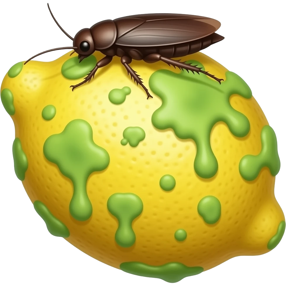 moldy rotten lemon. molds should be green and cartoonish. there will be a cockroach on it. no face emoji